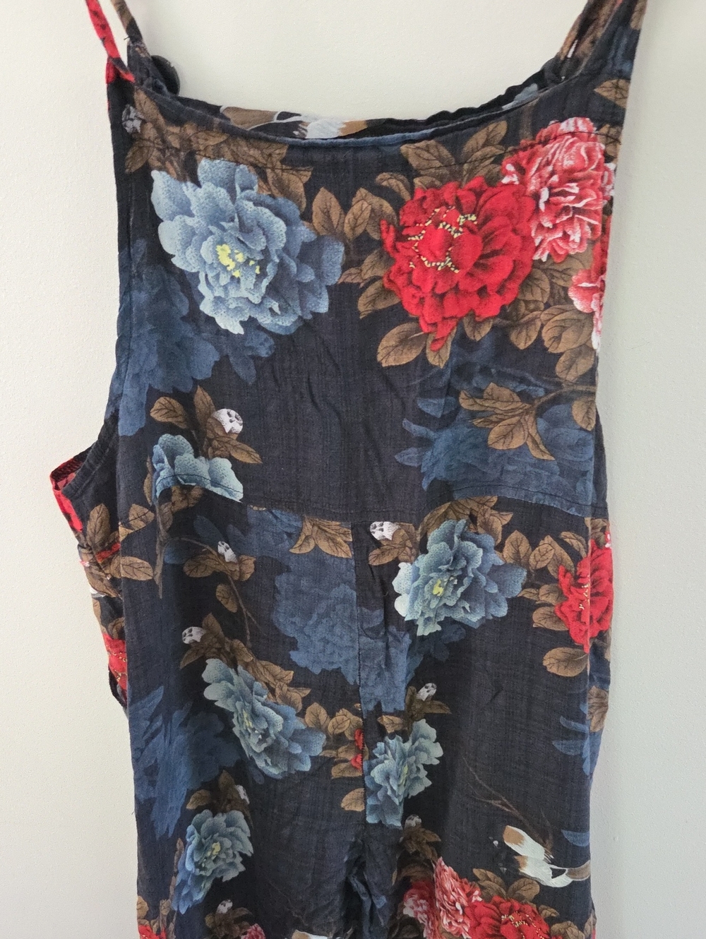 Linen Overalls Jumper In Navy Blue With Gorgeous Floral Print With Pockets - Picture 8 of 8
